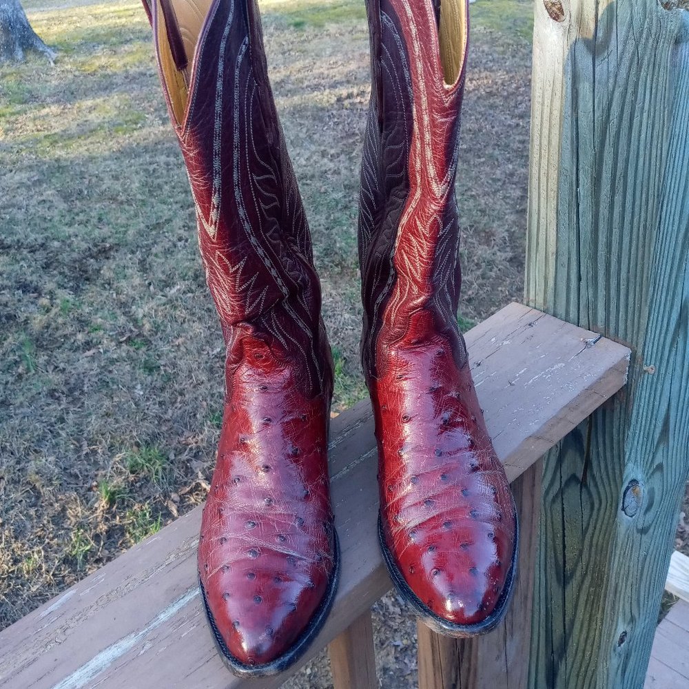 T O Stanley Burgundy Ostrich Western Boots